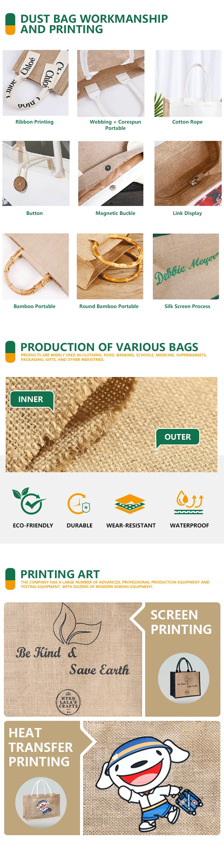 Wholesale Portable jute tote bag with canvas pocket