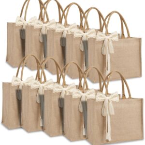 Reusable Waterproof Jute Blank Water Resistant Grocery Bags with Ribbon 15.35*6*12 Inch for Women Bridesmaid Gift Beach Shopping
