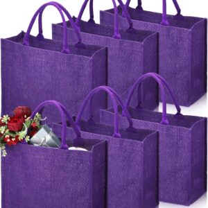 Burlap Tote Bags with Handles, Purple Jute Grocery Bags with Laminated Interior for Wedding, 15.8 x 11.8 x 5.9 Inch