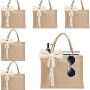 Burlap Tote Bag Set with Handles, Waterproof Reusable Blank Water Resistant Grocery Bags with Ribbon Large Jute Tote 15.35*6*12 Inch for Women Bridesmaid Gift Beach Shopping Wedding Travel DIY