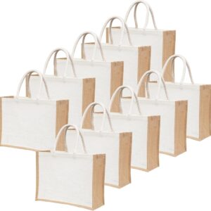 White Burlap Tote Bags with Handles, Large 15.8″x11.9″x5.9″, Reusable Jute Tote Bridesmaid Gift Bags for Beach, Shopping, Weddings DIY Crafts