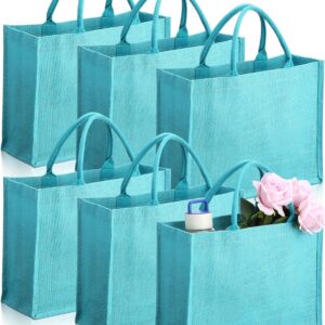 Burlap Tote Bags with Handles, Blue Jute Grocery Bags with Laminated Interior for Wedding, 15.8 x 11.8 x 5.9 Inch