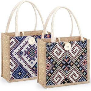 Women Tote Bag,2Pcs Jute Casual Tote’s Handbag Embroidered Personalized Bento Bag,Reusable Grocery Bags Shopping Bags