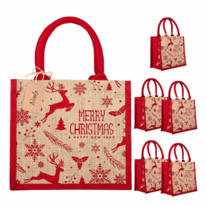Christmas Reusable Waterproof Jute Blank Water Resistant Grocery Bags with Ribbon 15.35*6*12 Inch for Women Bridesmaid Gift Beach Shopping