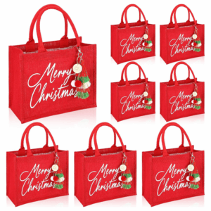 Personalized Large Christmas Bags with Handles Red Reusable Burlap Tote with Tassel Pendant Keychains Merry Christmas