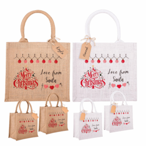 Eco-friendly Christmas Waterproof Jute Blank Water Resistant Grocery Bags with Ribbon 15.35*6*12 Inch for Women Bridesmaid Gift Beach Shopping