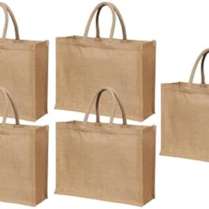 5 Pcs Large Burlap Tote Bags with Handles,15.8″x11.9″x5.9″, Reusable Jute Tote Bridesmaid Gift Bags for Beach, Shopping, Weddings & DIY Crafts by Yogi’s Gift®