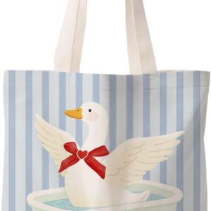 Sac fourre-tout coquette nœud rouge pour femmes, sac tote en toile drôle à oie lavée, cadeaux pour les amateurs d’oies, sacs d’épicerie réutilisables à rayures bleues Cadeaux de fête