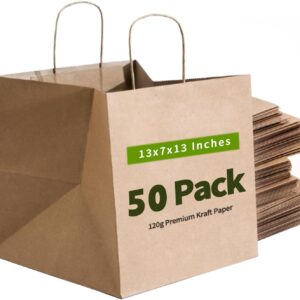 Bolsas de regalo grandes de papel Kraft de 13x7x13 pulgadas con asas, bolsas de papel marrón reciclables de 50 pulgadas para negocios, merchandising, bolsas de regalo, compras, tiendas minoristas, comida para llevar, fiesta de cumpleaños