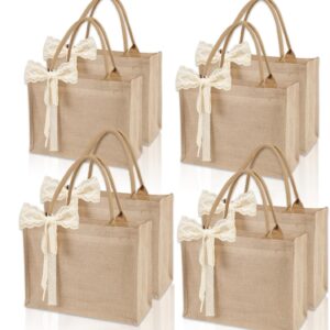 8pcs Burlap Tote Bag Set with Handles, Waterproof Reusable Blank Water Resistant Grocery Bags with Ribbon Large Jute Tote 15.35*6*12 In for Women Bridesmaid Gift Christmas Shopping Wedding Travel DIY