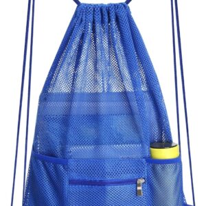 NATURAL STYLE Mesh Drawstring Backpack Bag, Gym Sports Bag with Zipper Pocket Bottle Holder, String Beach Bag for Swiming Travel (Blue)
