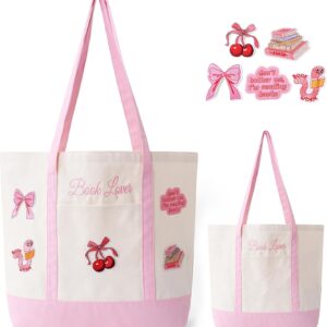 Sac fourre-tout en toile pour femmes, sac fourre-tout Book Lover avec 5 écussons broderies, sac à main réutilisable pour les Bookish