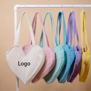 Sac à main écologique personnalisé en forme de cœur à une épaule, logo romantique rose pêche imprimé en coton uni