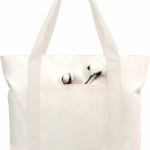 Canvas Tote Bag with an External Pocket, Reusable Grocery Shopping Bag, Top Zipper Closure, Daily Essentials (Natural)