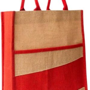 Multipurpose Resuable Jute Bag/Totes For Men & Women (Natural/Red, 14″X16″X5″)