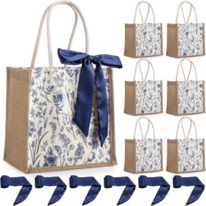 6 Pack Bridesmaid Gift Bags with Handles Reusable Jute Tote Burlap Bags with Blue Chinoiserie Floral for Bachelorette Party