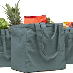 Canvas Grocery Bag 3pc XL Set with Real Pockets, Long Shoulder Strap and Short Handle. Heavy Duty, Foldable, Washable