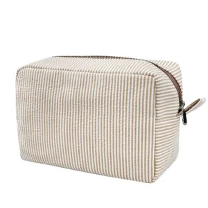 Bolsas de cosméticos para mujer, bolsa de cosméticos Seersucker, bolsa de maquillaje de rayas para artículos de aseo de viaje, bolsa grande para organizadores estéticos para mujer, bolsos de niña y bolsos, marrón