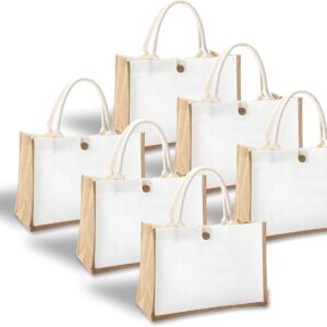 Jute Travel Tote Bags, 14.5″ x 6.7″ x 10.2″ Set of 6 Burlap Tote Bags with Button Jute Bags with Handle Resuabale Grocery Bag Bridesmaid Bags Tote Bag for DIY, Shopping, Beach,Wedding