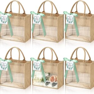 6 Pack Wedding Burlap Tote Bachelorette Gift Bags with Clear Window and Ribbon for Bridesmaid Beach Shower Party(Sage Green)