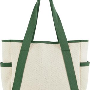 Large Canvas Tote Bag,White and Green, with Laptop Sleeve and Multiple Pockets