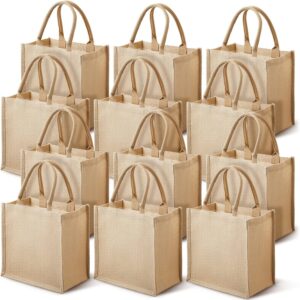 12 Pcs Burlap Jute Tote Bags with Handle Reusable Blank Bridesmaid Gift Bags for Shopping Wedding DIY, 12x12x7.7In(Jute)