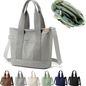 Sac tote multi-poches en toile avec fermeture éclair, sac de travail moyen avec compartiments, sac à main tout pour femmes japonaises Sac maman, gris-taille moyenne, grand
