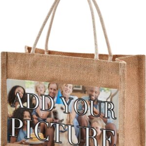 Personalized Jute Tote Bags with Handles & Zipper Custom Reusable Shopping Grocery Bags Burlap Bags with Front Canvas Pocket Gift Bags for Wedding 12″ x 9″