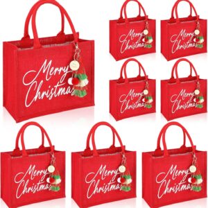 Personalized Large Christmas Bags with Handles Xmas Red Reusable Burlap Tote with Tassel Pendant Keychains Merry Christmas Bags for Women Xmas Holiday Present 12.2 x 9.84 x 5.91 Inch
