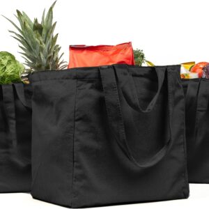 Canvas Grocery Bag 3pc XL Set with Real Pockets, Long Shoulder Strap and Short Handle. Heavy Duty, Foldable, Washable
