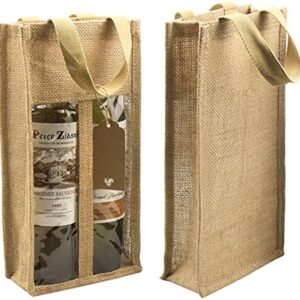 Burlap Wine Gift Bags with Two Window Double Window Two Bottles Burlap Jute Wine Bottle Bag for Wedding, Party Favors, Christmas, Holiday and Wine Tasting Party
