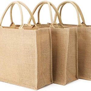 Tote Bags, 3 Pack Large Burlap Jute Reusable Canvas Gift Favors Bag with Handles Blank Tote Bulk for Bridesmaid Wedding, Women Market Grocery Shopping, Bachelorette Party, Beach Trip, DIY