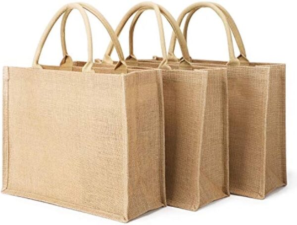 Tote Bags, 3 Pack Large Burlap Jute Reusable Canvas Gift Favors Bag with Handles Blank Tote Bulk for Bridesmaid Wedding, Women Market Grocery Shopping, Bachelorette Party, Beach Trip, DIY
