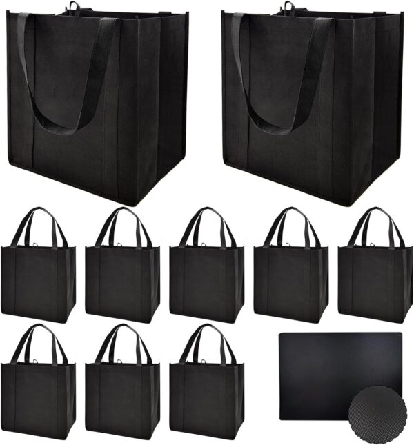 10 Pack Reusable Reinforced Handle Grocery Bags – Heavy Duty Large Shopping Totes with Thick Plastic Bottom can hold 40 lbs (10, black)