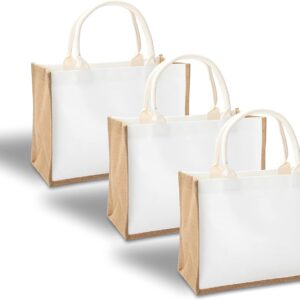 Jute Travel Tote Bags, 14.5″ x 6.7″ x 10.2″ Set of 6 Burlap Tote Bags with Button Jute Bags with Handle Resuabale Grocery Bag Bridesmaid Bags Tote Bag for DIY, Shopping, Beach,Wedding