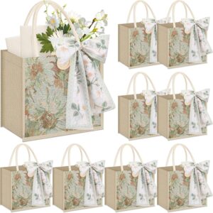Burlap Tote Bag with Handle Ribbon Jute Embroidered Grocery Bag for Women Xmas Wedding Bridesmaid Gift