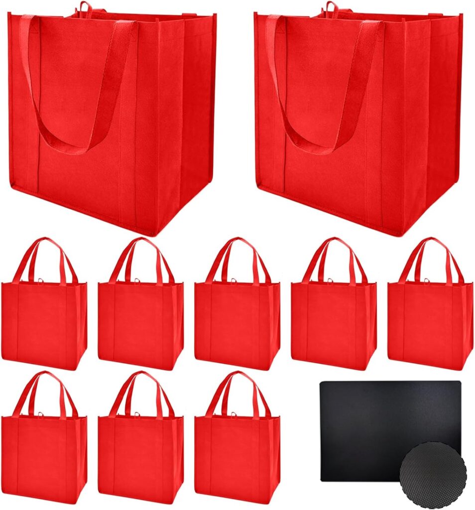 10 Pack Reusable Reinforced Handle Grocery Bags – Heavy Duty Large Shopping Totes with Thick Plastic Bottom can hold 40 lbs (10, black)