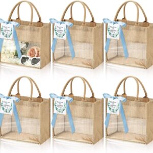 6 Pack Wedding Burlap Tote Bachelorette Gift Bags with Clear Window and Ribbon for Bridesmaid Beach Shower Party(Blue)
