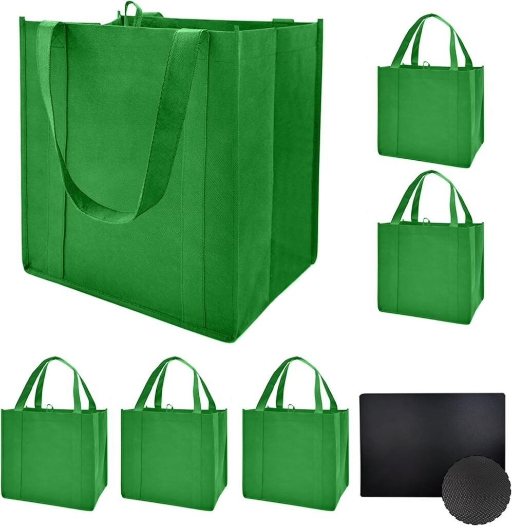 10 Pack Reusable Reinforced Handle Grocery Bags – Heavy Duty Large Shopping Totes with Thick Plastic Bottom can hold 40 lbs (10, black)