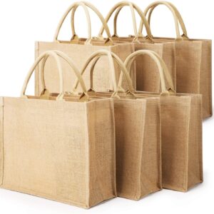 Burlap Bags with Handles, 6 Pack Small Natural Jute Reusable Gift Favors Blank Tote Bag Bulk for Bridesmaid Wedding, Women Market Grocery Shopping, Bachelorette Party, Beach Trip, DIY