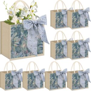 Burlap Tote Bag with Handle Ribbon Jute Embroidered Grocery Bag for Women Xmas Wedding Bridesmaid Gift
