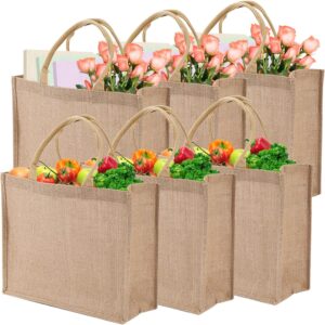 6 Pack Large Jute Burlap Tote Bag, Jute Beach Bag with Laminated Interior, Burlap Gift Tote with Handle, Reusable Lined Market Grocery Shopping Bag for DIY, Wedding,15.4”x12.2”x5.9”