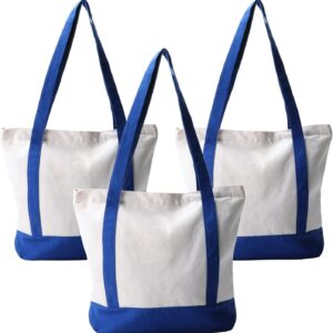 Zippered Canvas Tote Bags – 16.5″x14″x5″ Heavy Duty Plain Reusable Grocery Bags – 3 PCS Bulk Cotton Totes With Zipper