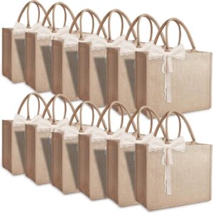 8pcs Burlap Tote Bag Set with Handles, Waterproof Reusable Blank Water Resistant Grocery Bags with Ribbon Large Jute Tote 15.35*6*12 In for Women Bridesmaid Gift Christmas Shopping Wedding Travel DIY