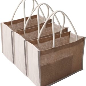 Small Reusable Tote Bags Natural Jute Christmas Gift Bags with Cotton Handles Tote Bags Wedding Bridesmaid Favors Burlap Bag Embroidery DIY Art Crafts Print Decoration,12.6″x8.3″x5.2″Pack