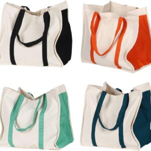 Heavy Duty Reusable Cotton Canvas Grocery Tote Bags with Side Pockets, Large Utility Bag for Shopping, Beach, Picnic