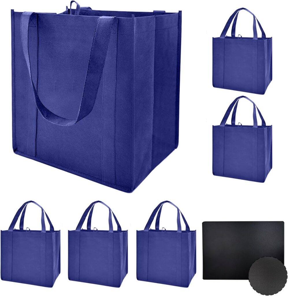 10 Pack Reusable Reinforced Handle Grocery Bags – Heavy Duty Large Shopping Totes with Thick Plastic Bottom can hold 40 lbs (10, black)