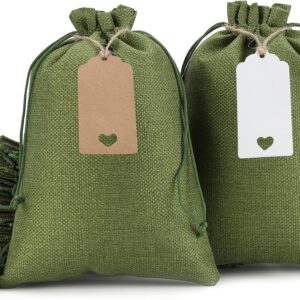 Gift Bags – 30Pcs 7×10 Green Burlap Sacks with Tags and String for Wrapping Halloween Gifts, Wooden Cross, For Birthday, Wedding, Party, Church