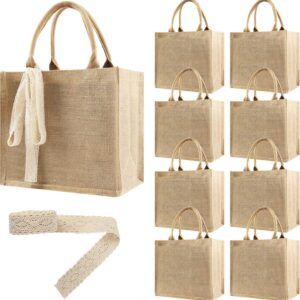 8 Pcs Burlap Tote Bags Bulk, Reusable Jute Tote Bag with 10Yd Ribbon Blank Burlap Gift Bag with Handle Waterproof Beach Tote Bag for Shopping Bridesmaid Gifts Bags 12.2”x10.6”x6.3”