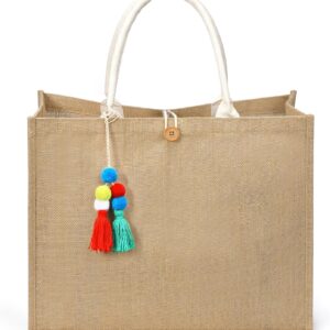 Large Jute Beach Bag for Women Woven Straw Beach Tote Bag Shoulder Handbags Boho Bag